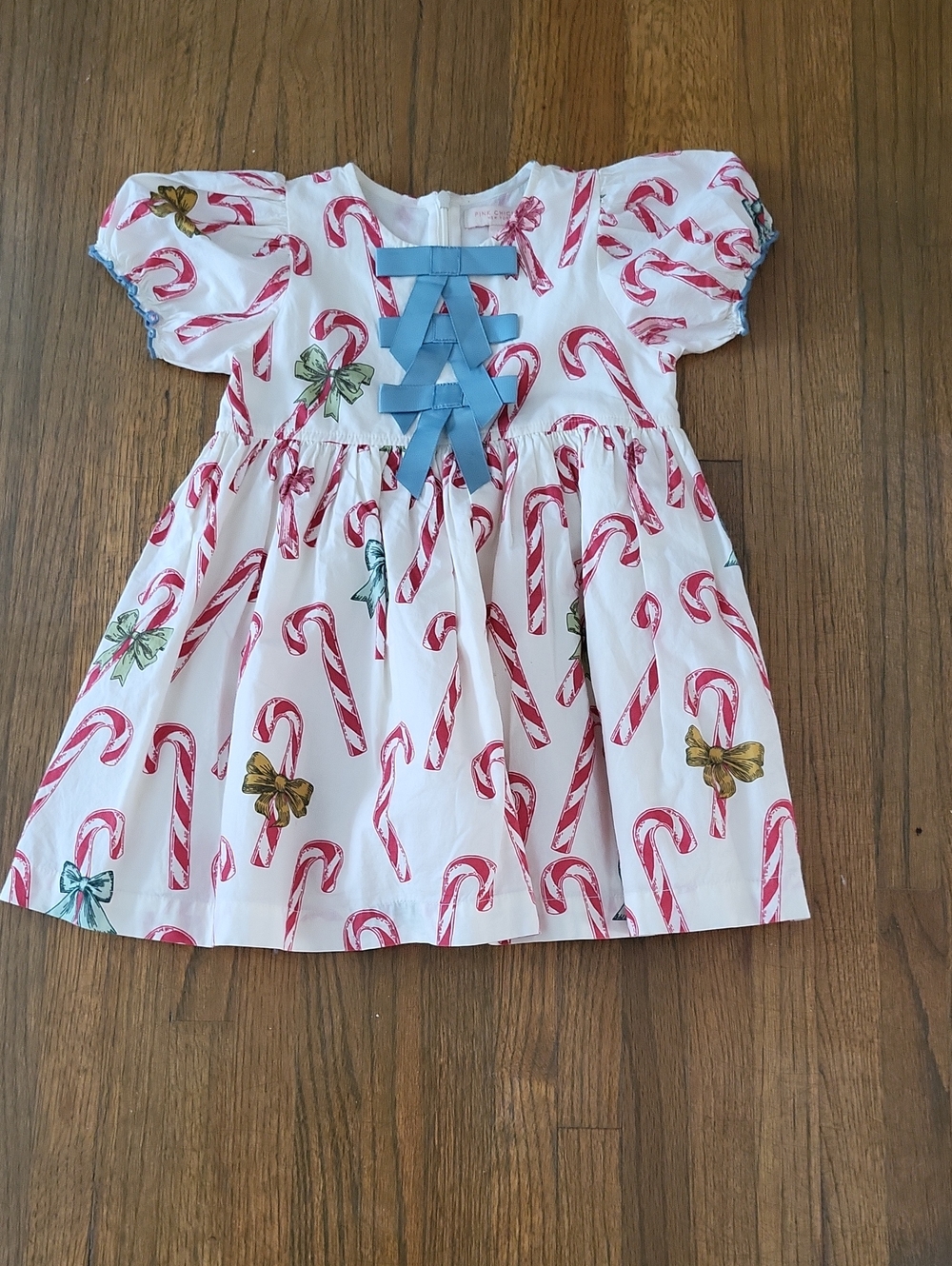 Pink Chicken HTF White Dress with Red Candy Cane Print and Blue Bow